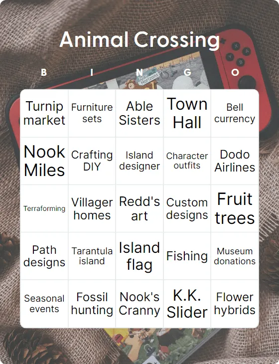 Animal Crossing bingo card