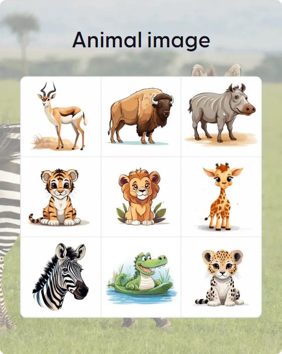 Animal image bingo card