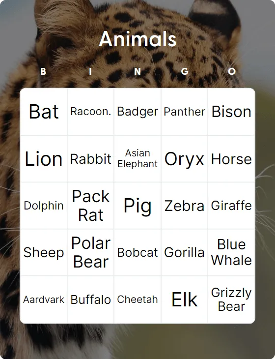 Animals  bingo card template