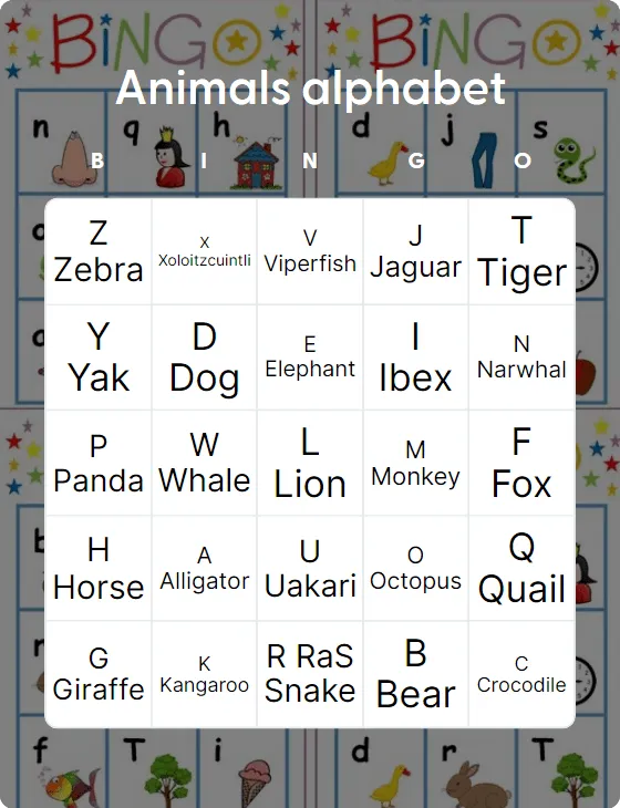 Animals alphabet bingo card