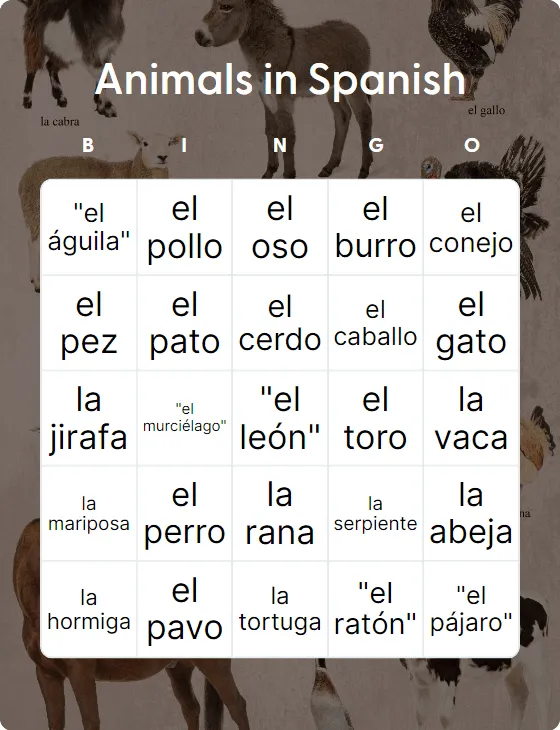 Animals in Spanish bingo card template