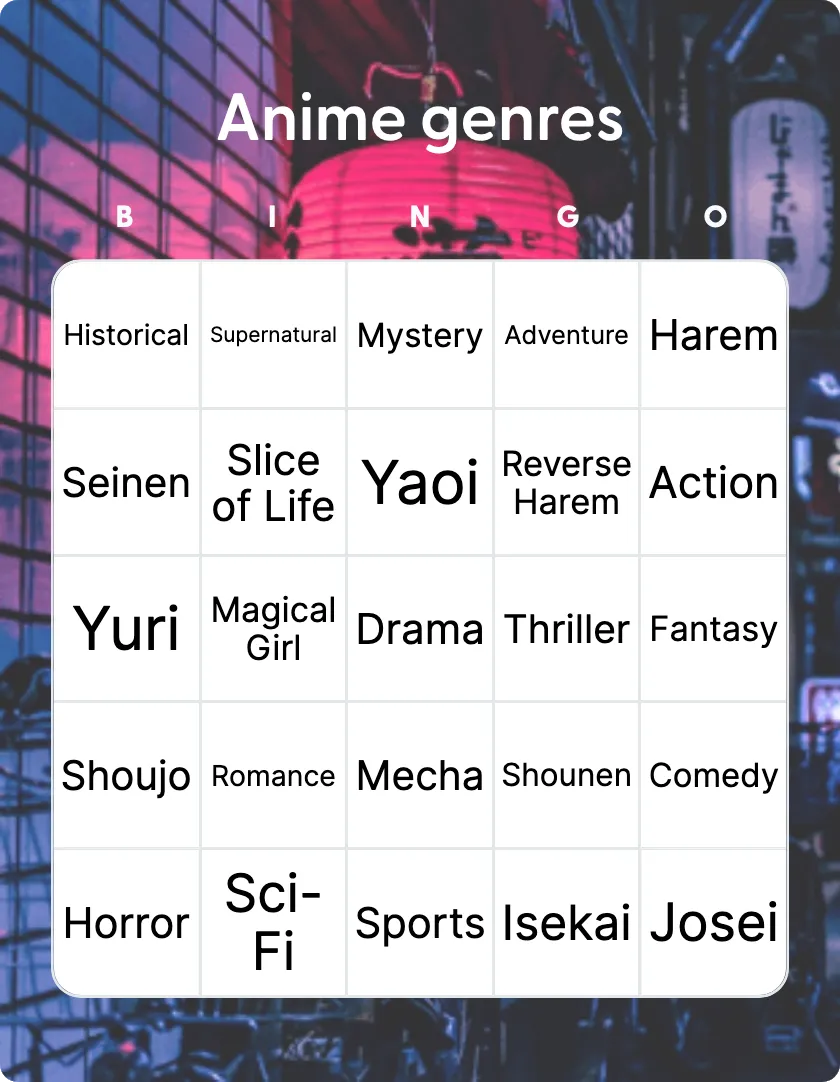 Anime Genres bingo card template
