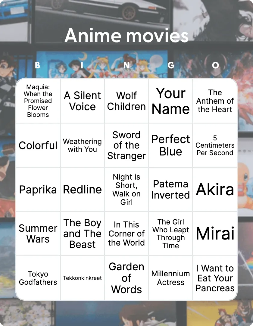 Anime Movies bingo card template