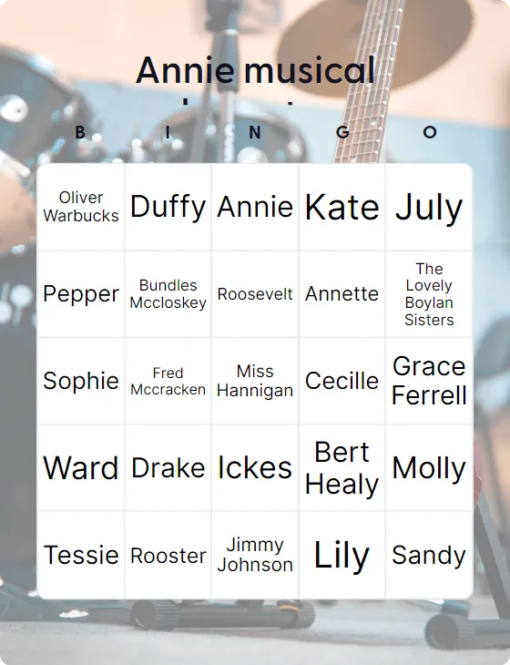 Annie musical characters bingo card