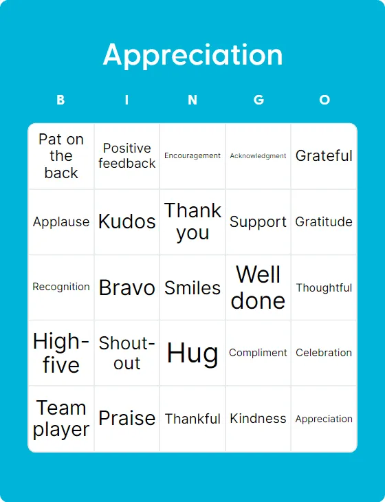 Appreciation bingo card template