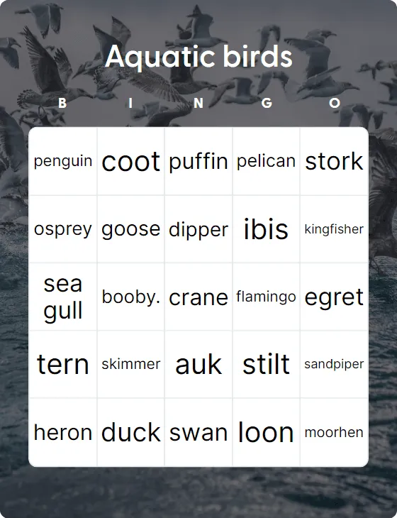 Aquatic birds bingo card template