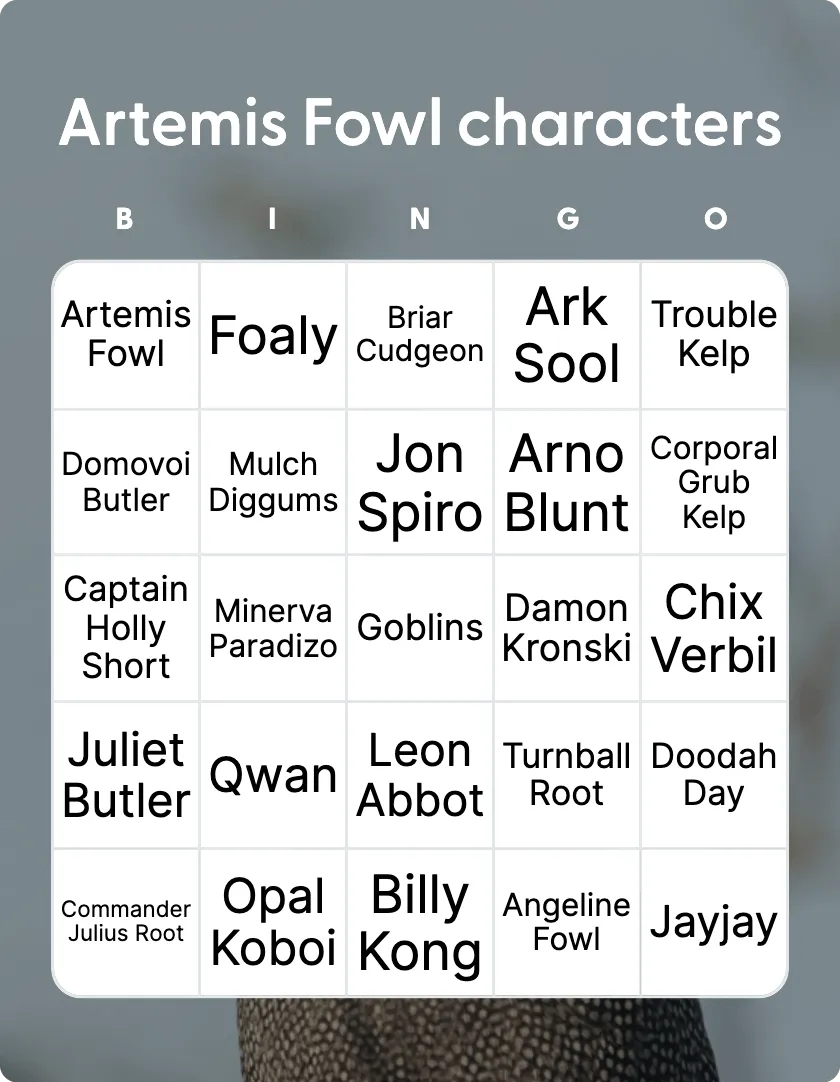 Artemis Fowl characters bingo card