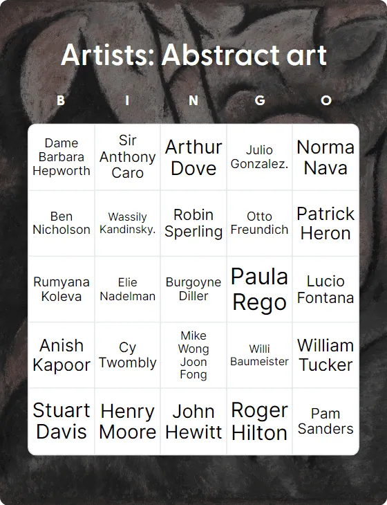 Artists: Abstract art bingo card template
