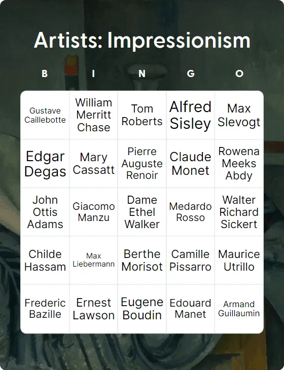 Artists: Impressionism bingo card template