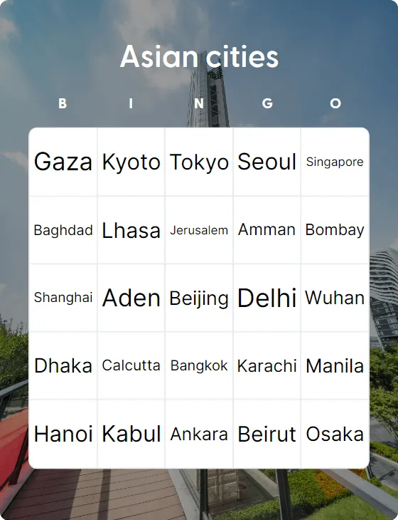 Asian cities bingo card