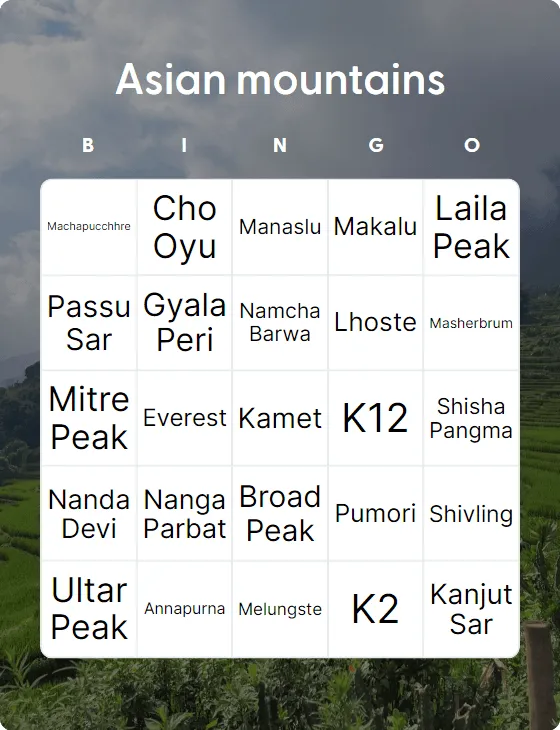 Asian mountains bingo card