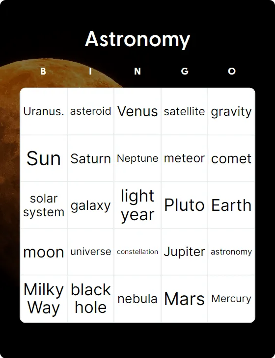 Astronomy bingo card template