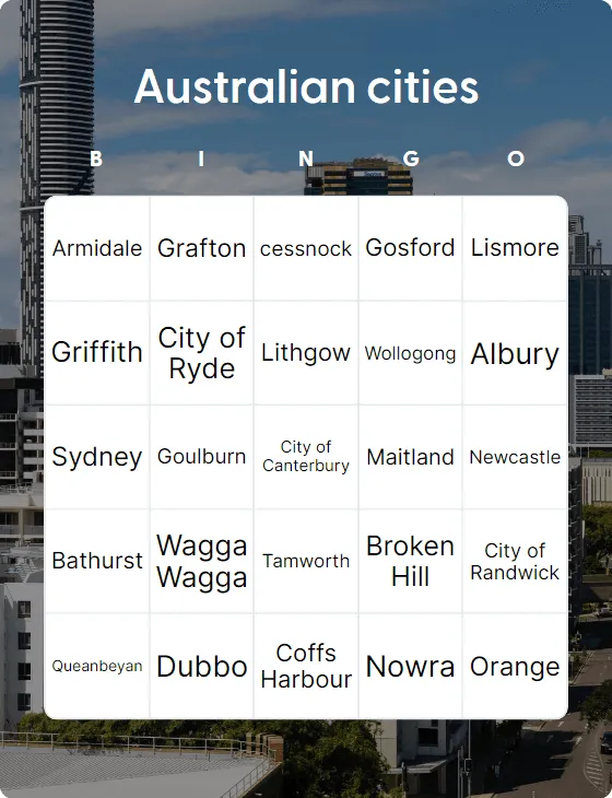 Australian cities bingo card