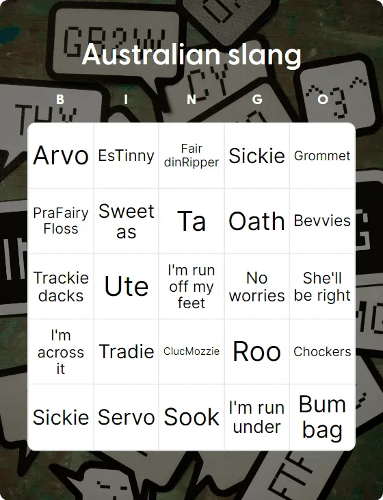 Australian slang bingo card template