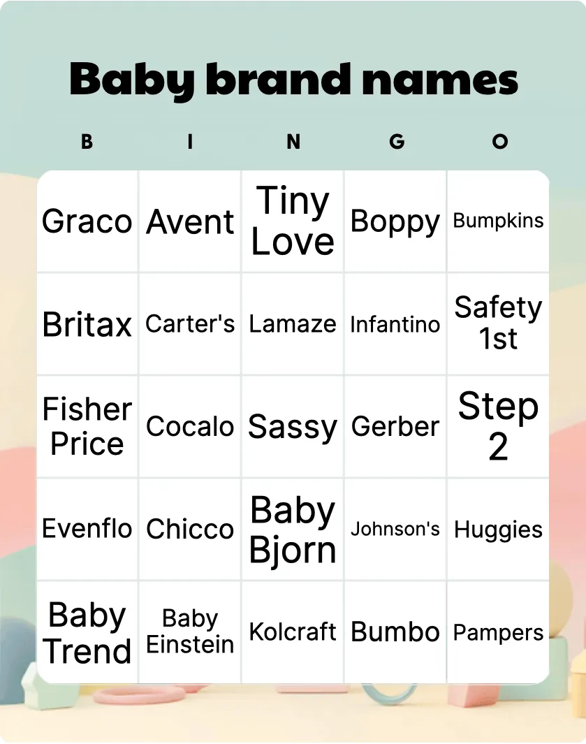 Baby shower baby brand names bingo card