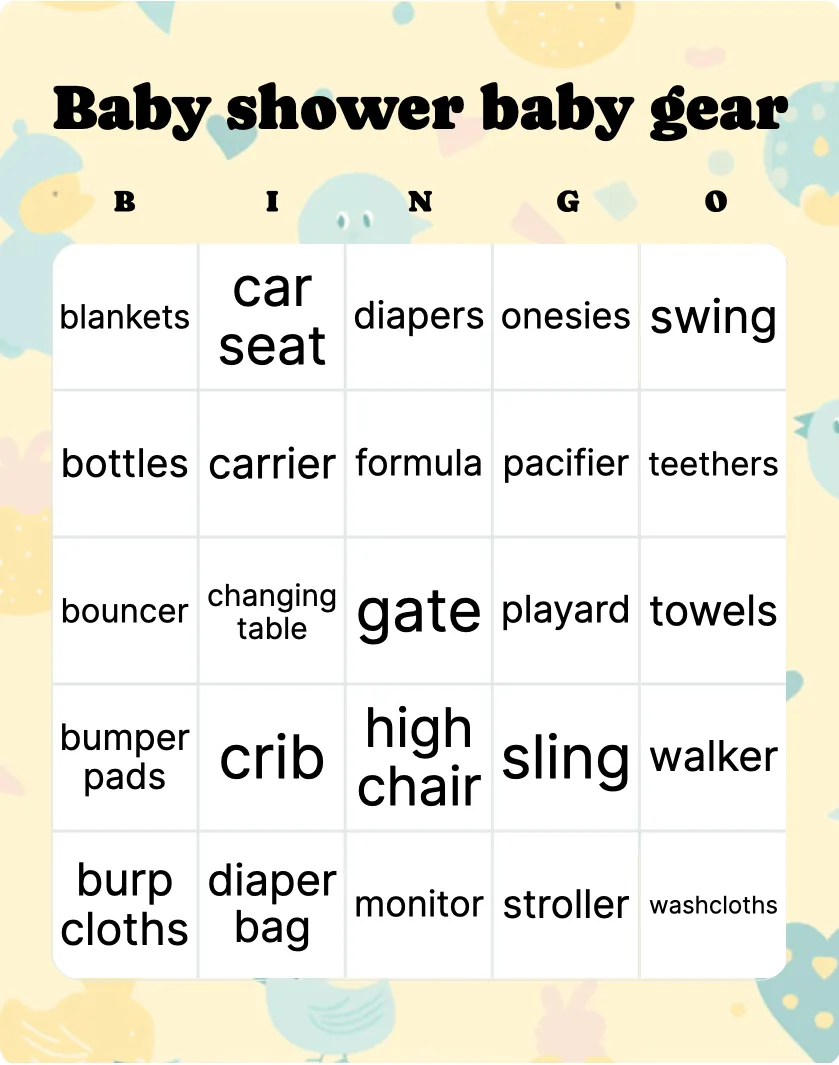 Baby shower baby gear bingo card