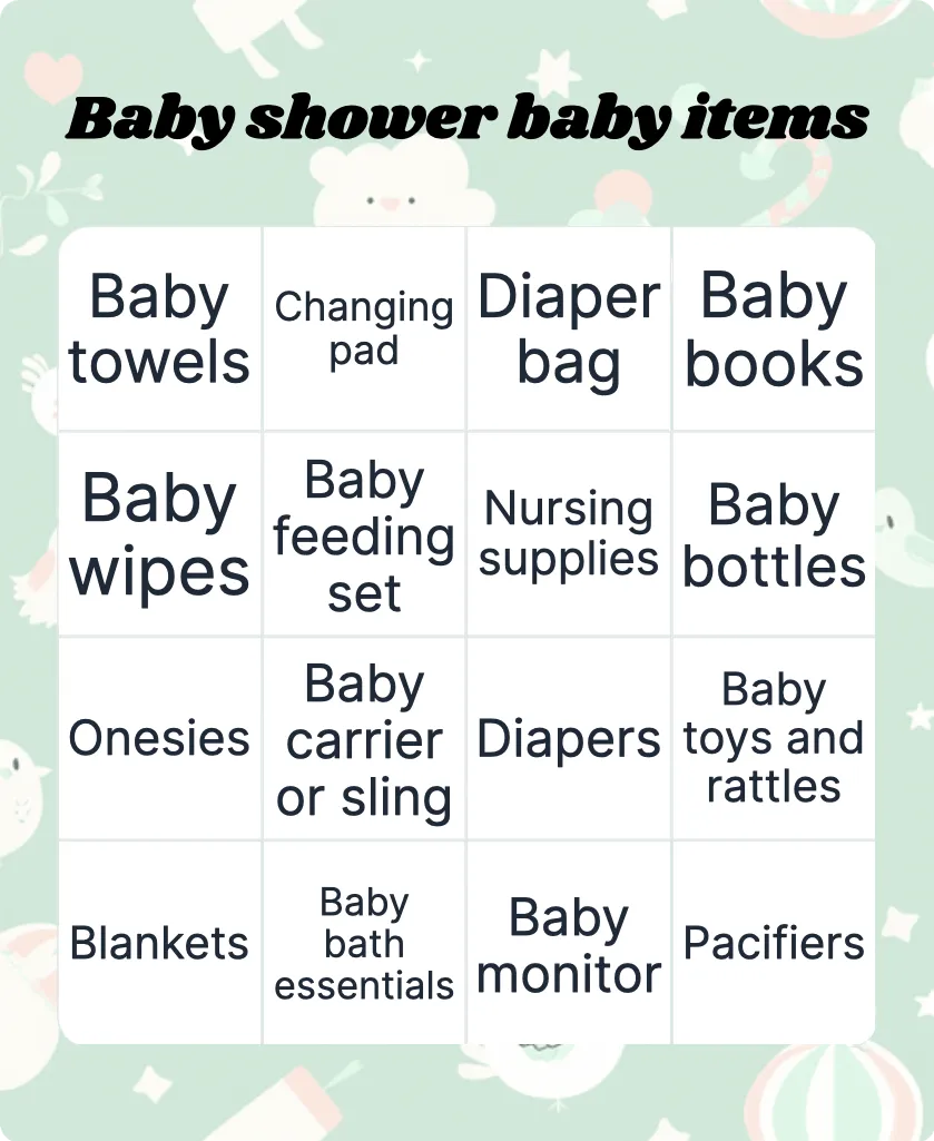 Baby shower baby items bingo card
