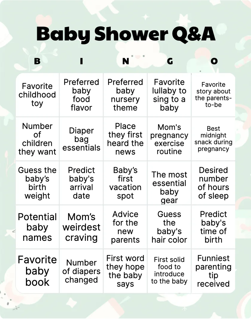 Baby Shower Q&A bingo card