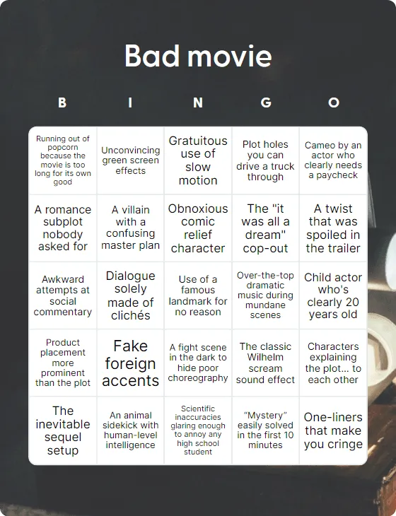 Bad movie bingo card template