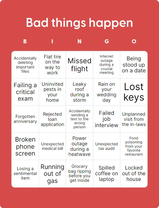 Bad things happen bingo card