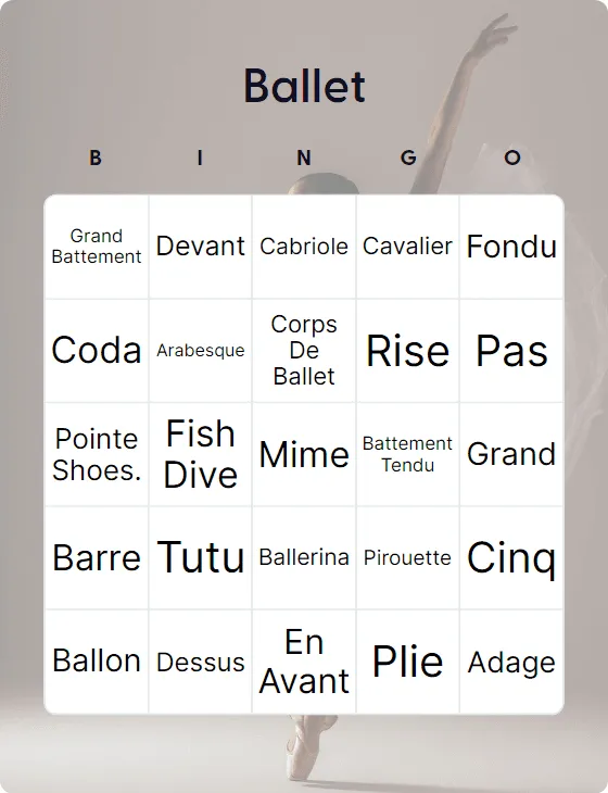 Ballet bingo card template