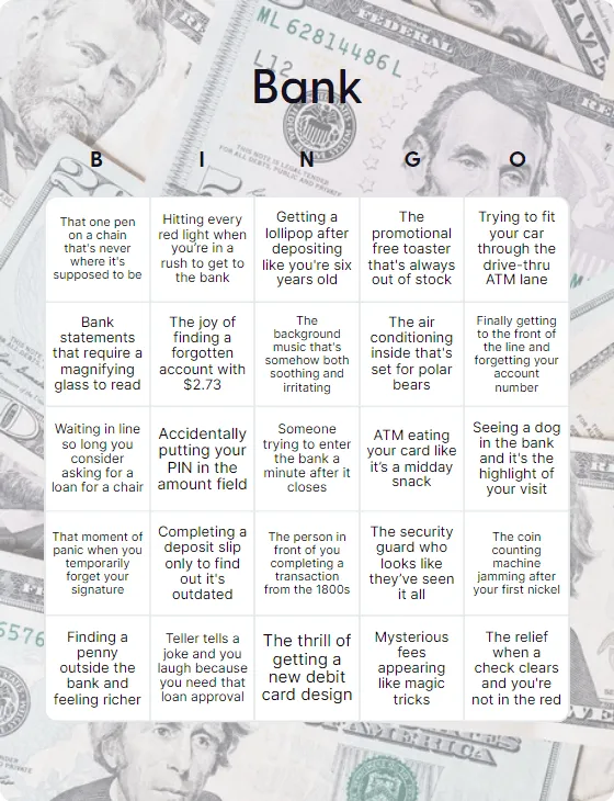 Bank bingo card template