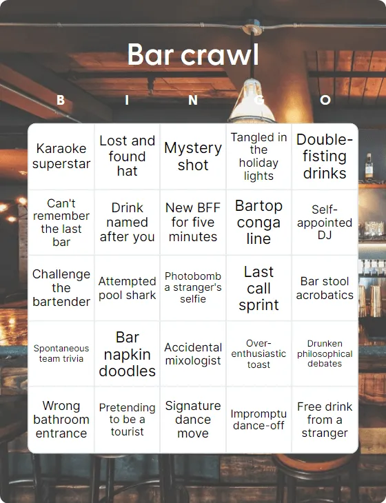 Bar crawl bingo card