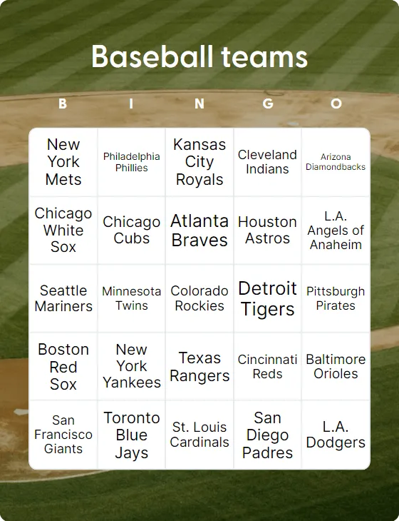 Baseball teams bingo card template