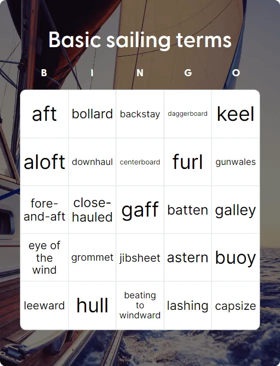 Basic sailing terms bingo card template