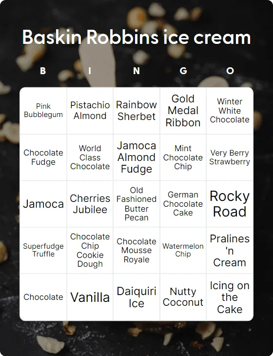 Baskin Robbins ice cream bingo card