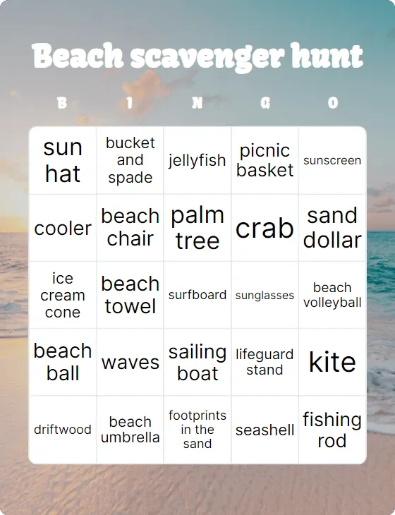 Beach scavenger hunt bingo card template