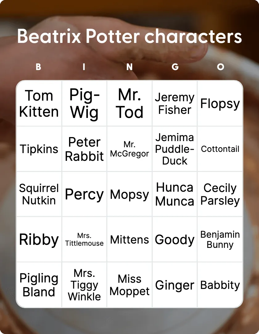 Beatrix Potter characters bingo card