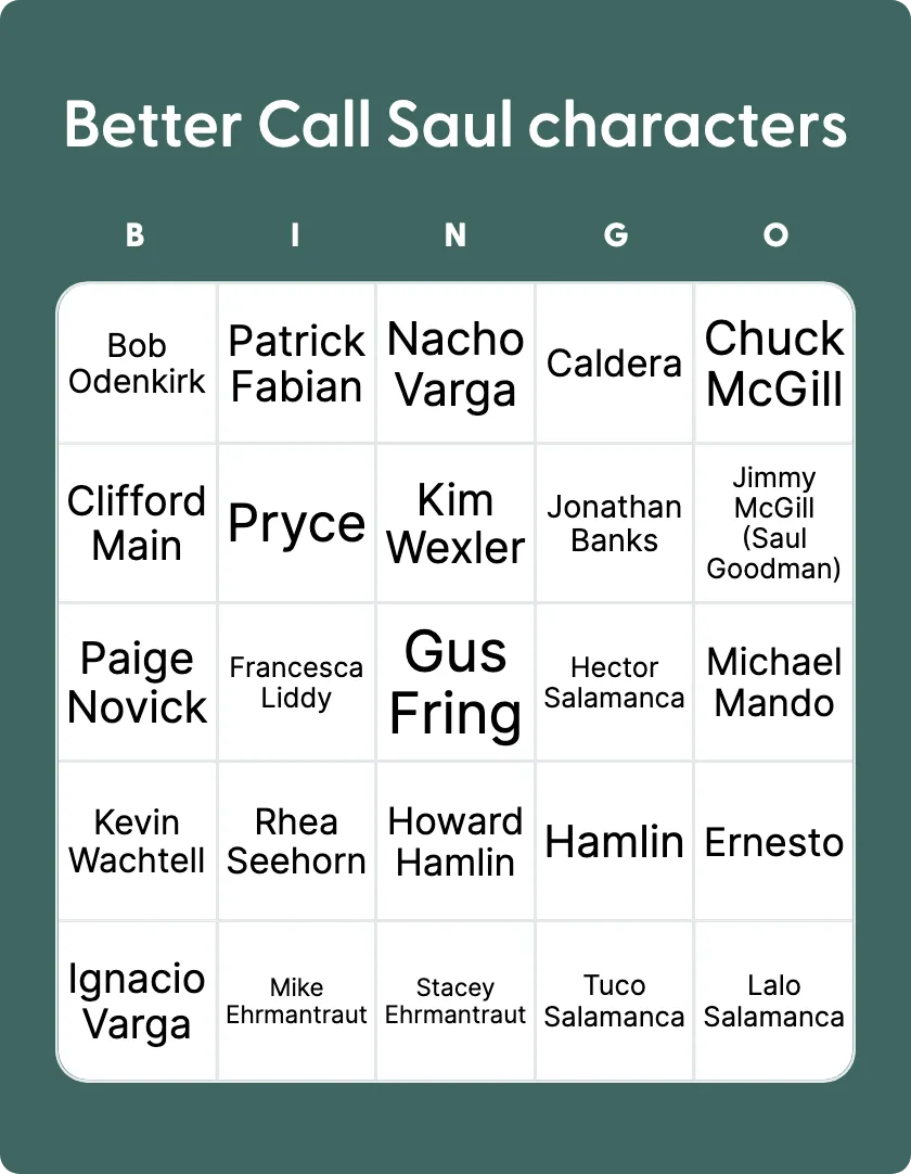 Better Call Saul Characters bingo card template