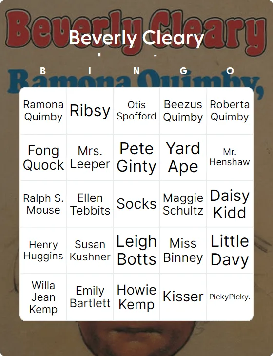 Beverly Cleary characters bingo card template