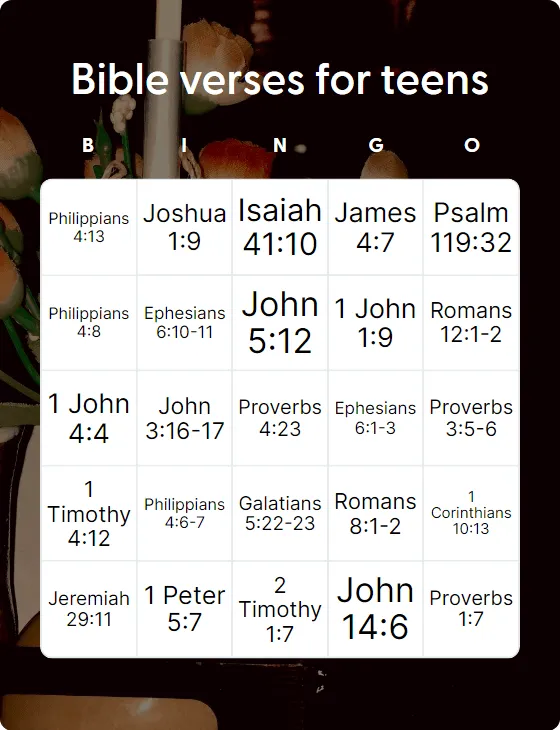 Bible verses for teens bingo card template