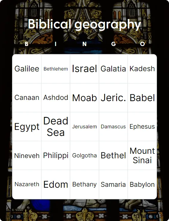Biblical geography bingo card