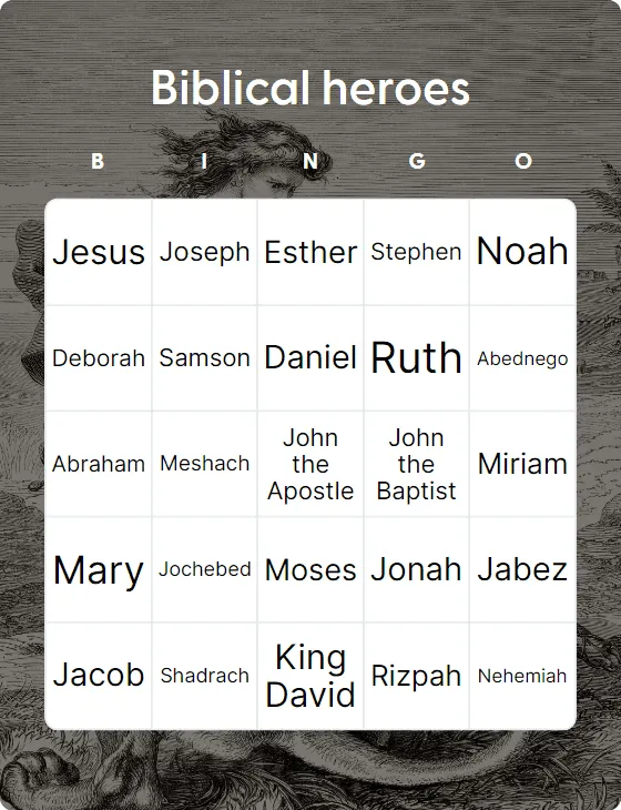 Biblical heroes bingo card template