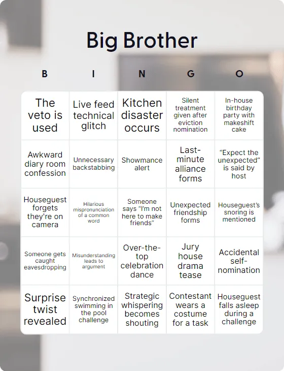 Big Brother bingo card
