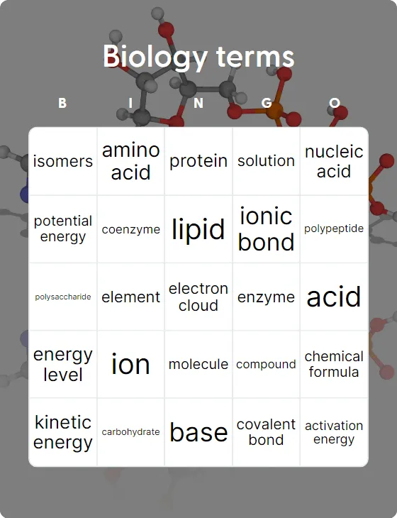 Biology terms bingo card template