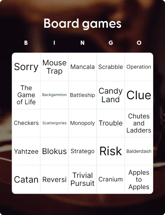 Board games bingo card template