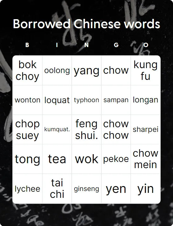 Borrowed Chinese words bingo card