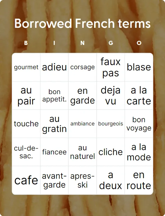 Borrowed French terms bingo card