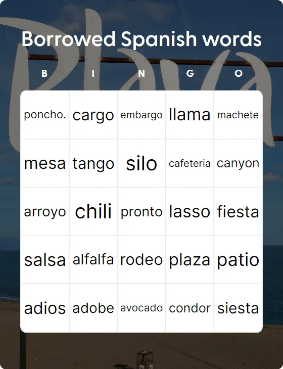 Borrowed Spanish words bingo card template