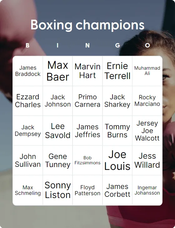 Boxing champions  bingo card template