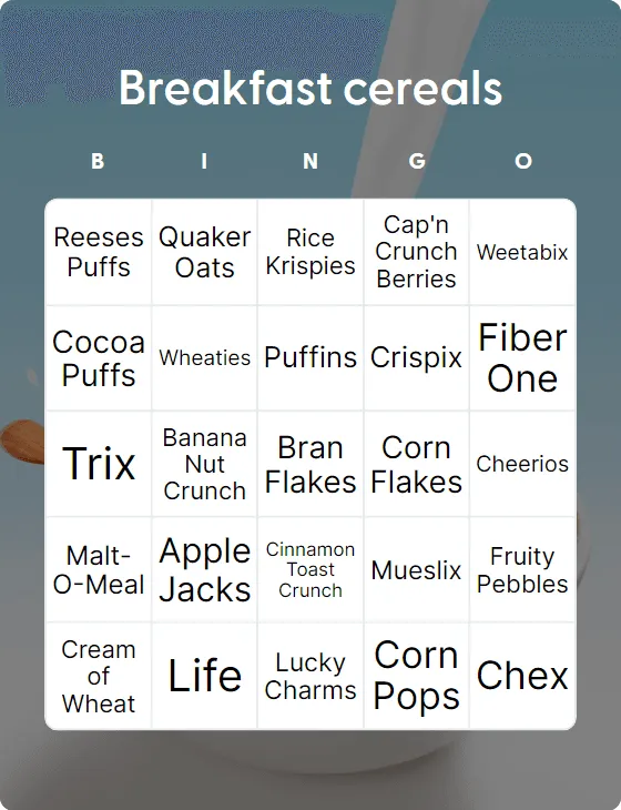 Breakfast cereals bingo card