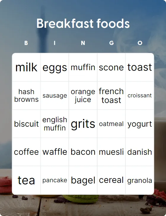 Breakfast foods bingo card