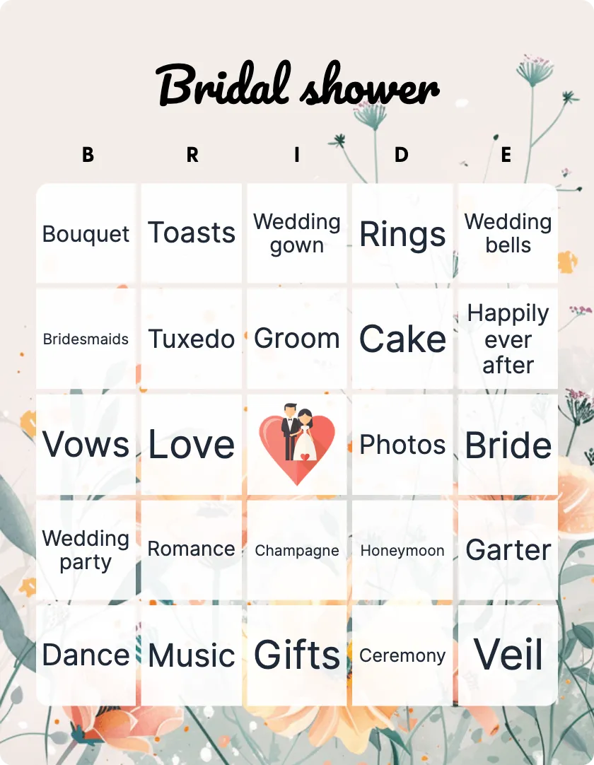 Bridal shower bingo card template