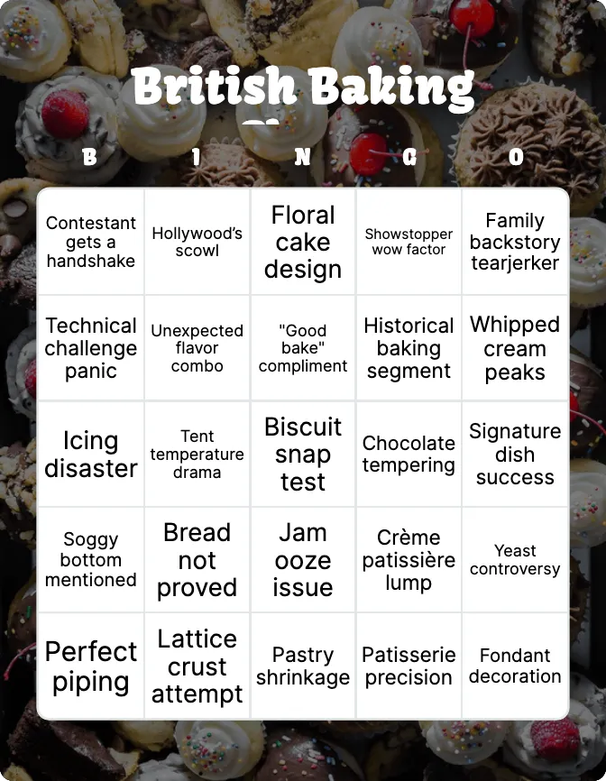 British Baking Show bingo card