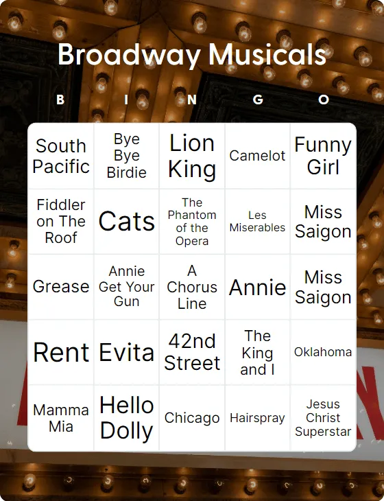 Broadway Musicals bingo card template