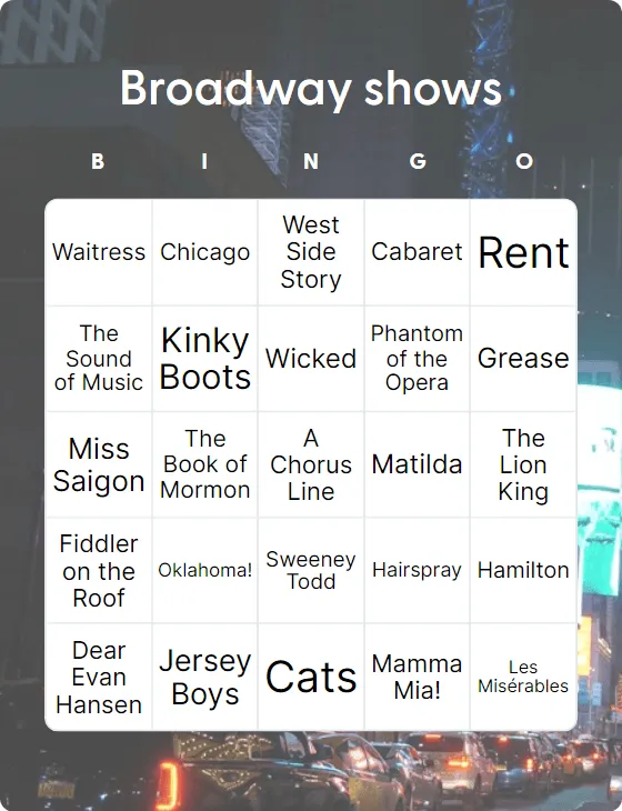 Broadway shows bingo card